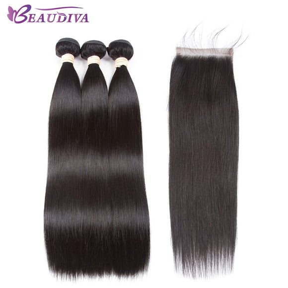 Non-Remy Brazilian Straight Hair 3 Bundles With Lace Closure